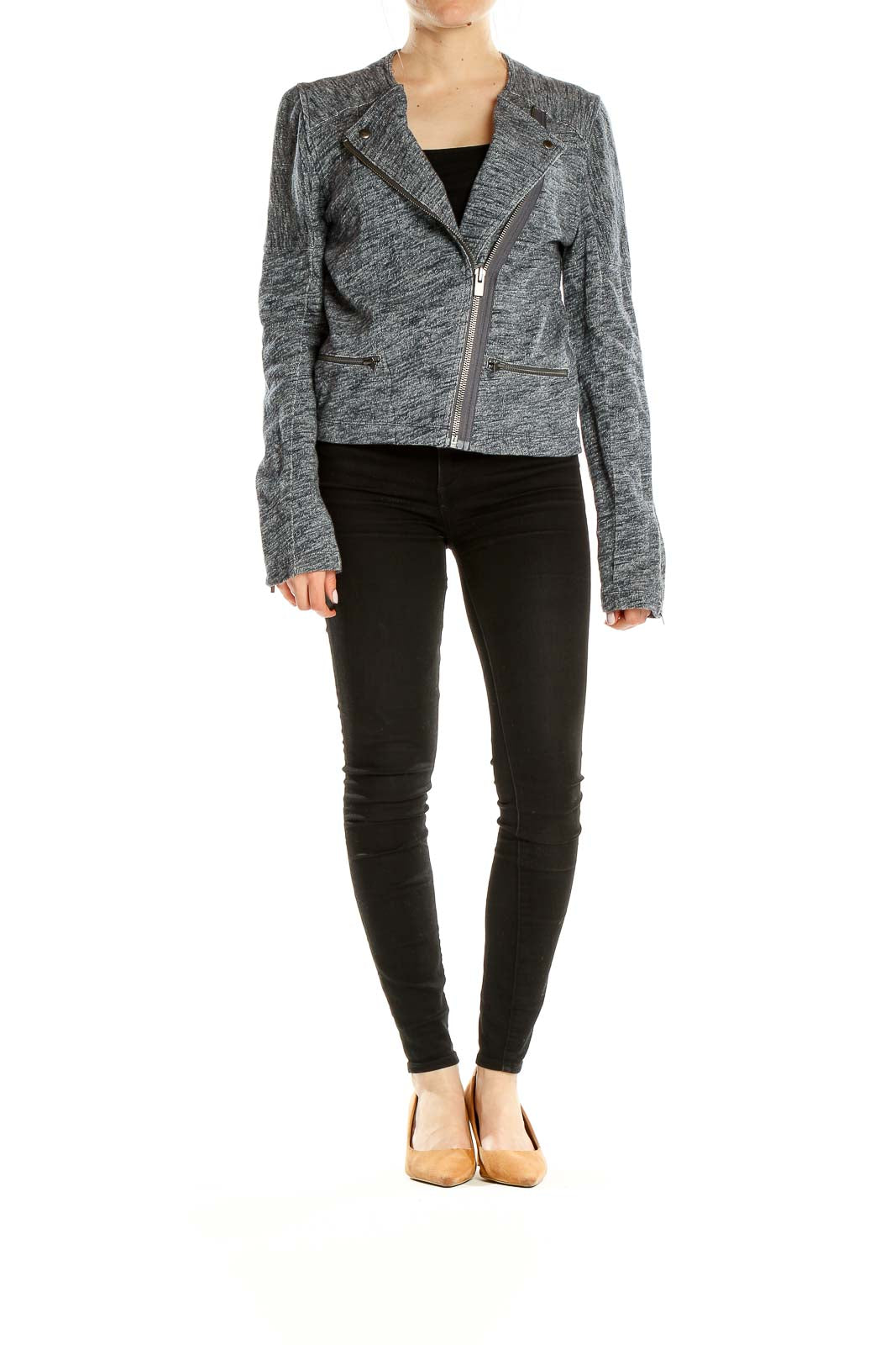 Front view of Gap gray heathered moto-style jacket with asymmetrical zipper