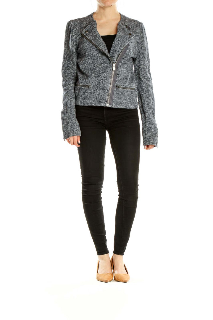 Front view of Gap gray heathered moto-style jacket with asymmetrical zipper
