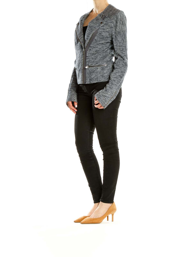 Front view of Gap gray heathered moto-style jacket with asymmetrical zipper
