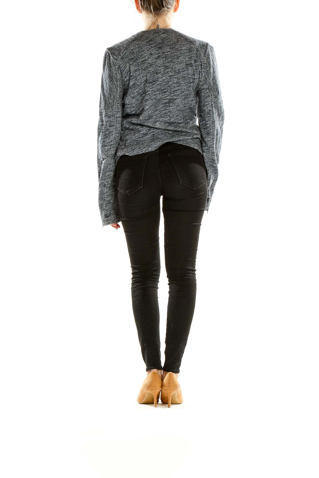 Side view of Gap gray heathered moto-style jacket showing fitted silhouette