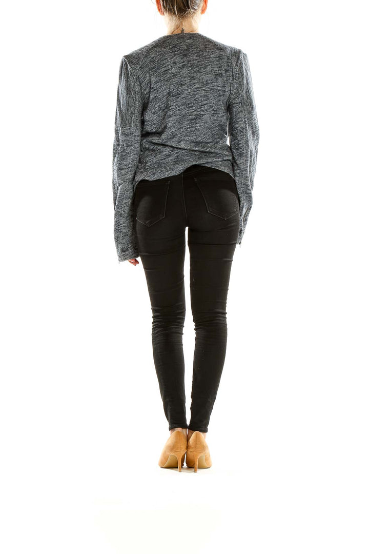 Side view of Gap gray heathered moto-style jacket showing fitted silhouette