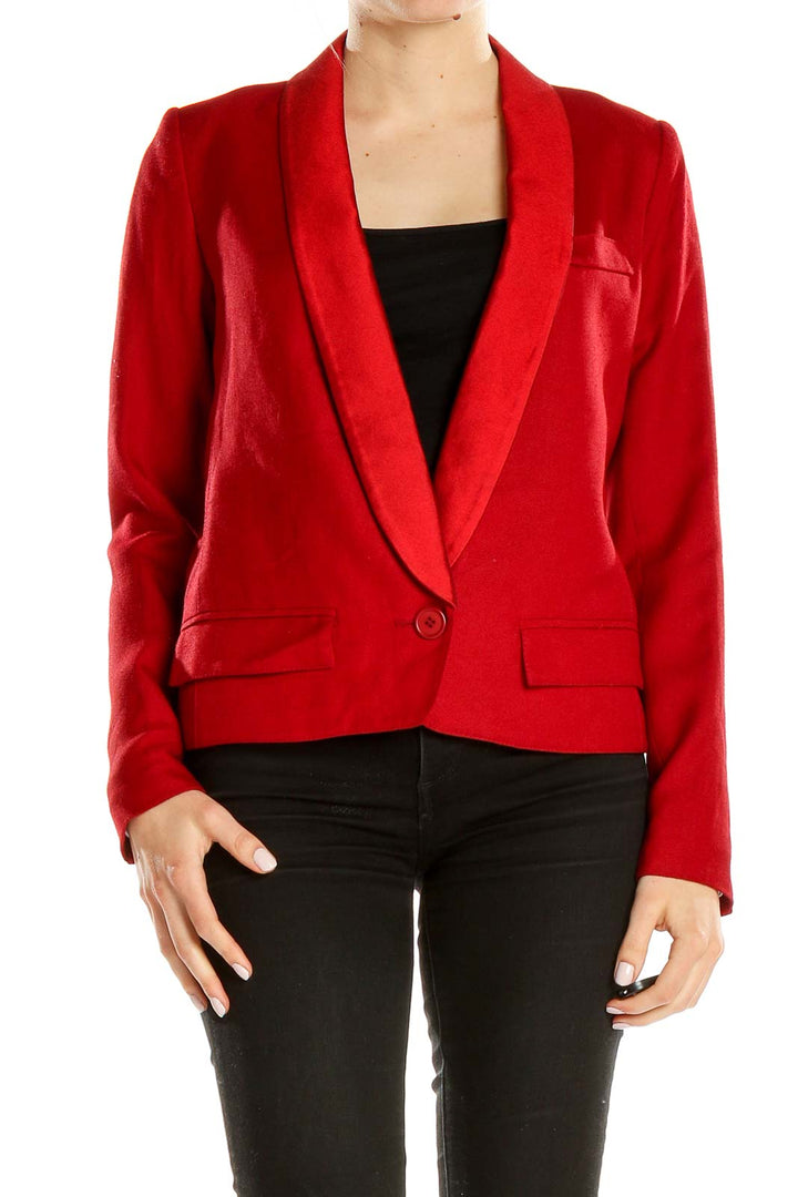 Front view of red Smythe tailored blazer with single-button closure
