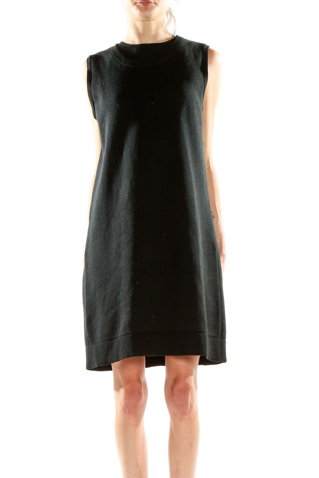 Front view of Kobi Halperin black sleeveless knit dress with high neckline