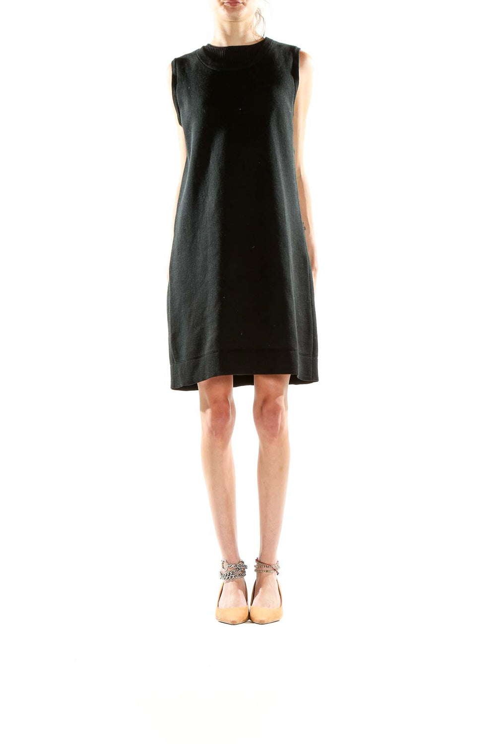 Front view of Kobi Halperin black sleeveless knit dress with high neckline