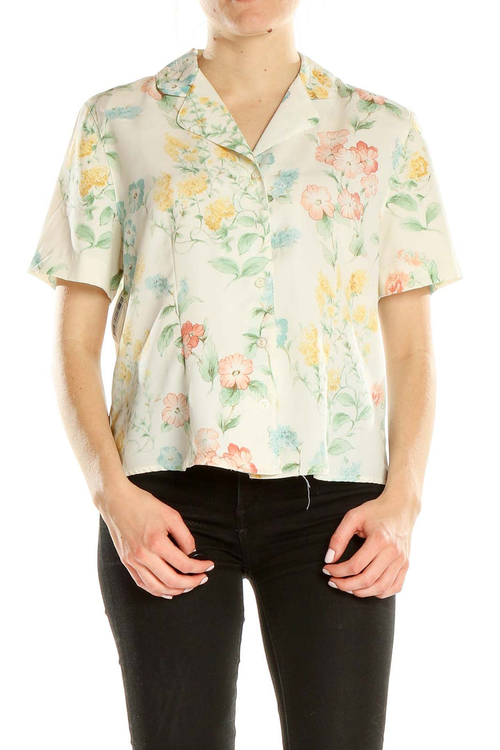Front view of Alfred Dunner cream floral short-sleeve button-up blouse