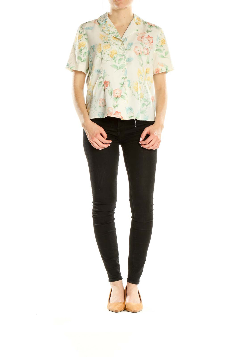 Front view of Alfred Dunner cream floral short-sleeve button-up blouse