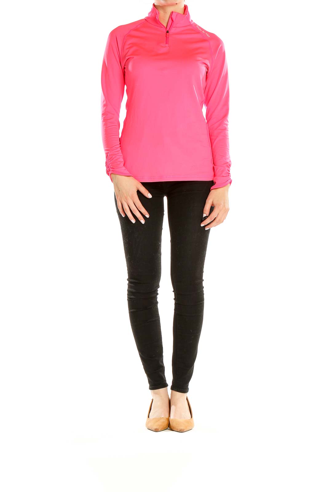 Front view of pink Under Armour quarter-zip performance top