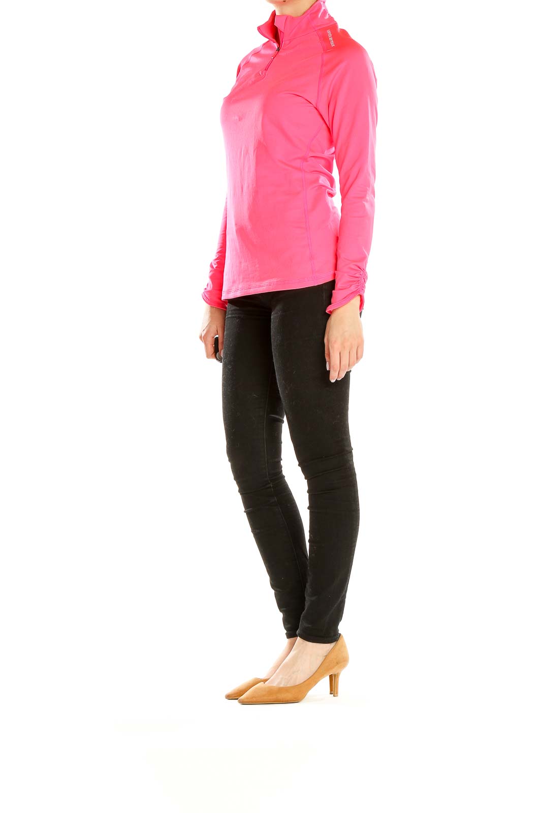 Front view of pink Under Armour quarter-zip performance top