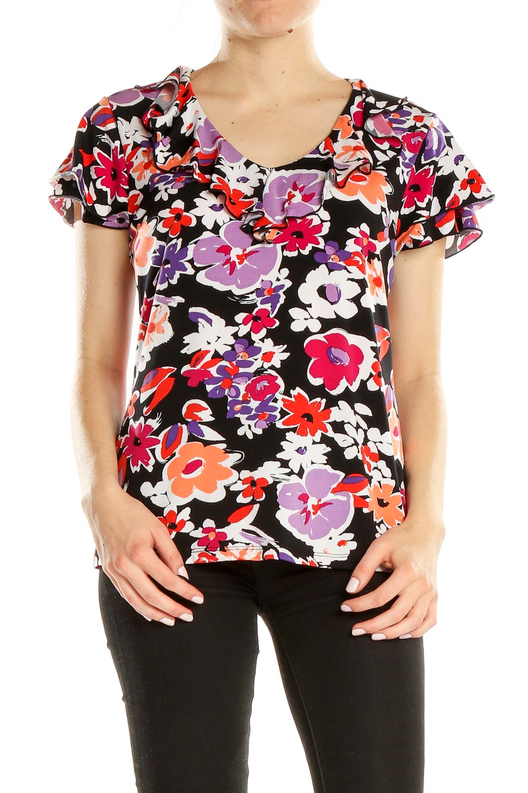 Front view of Laura Ashley multicolor floral print short sleeve top
