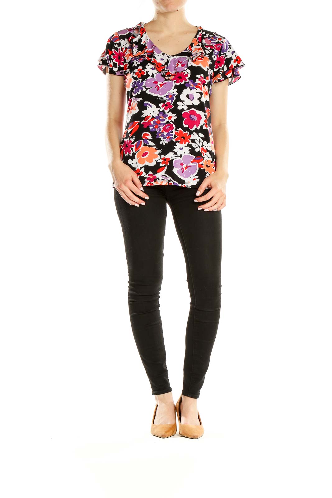 Front view of Laura Ashley multicolor floral print short sleeve top