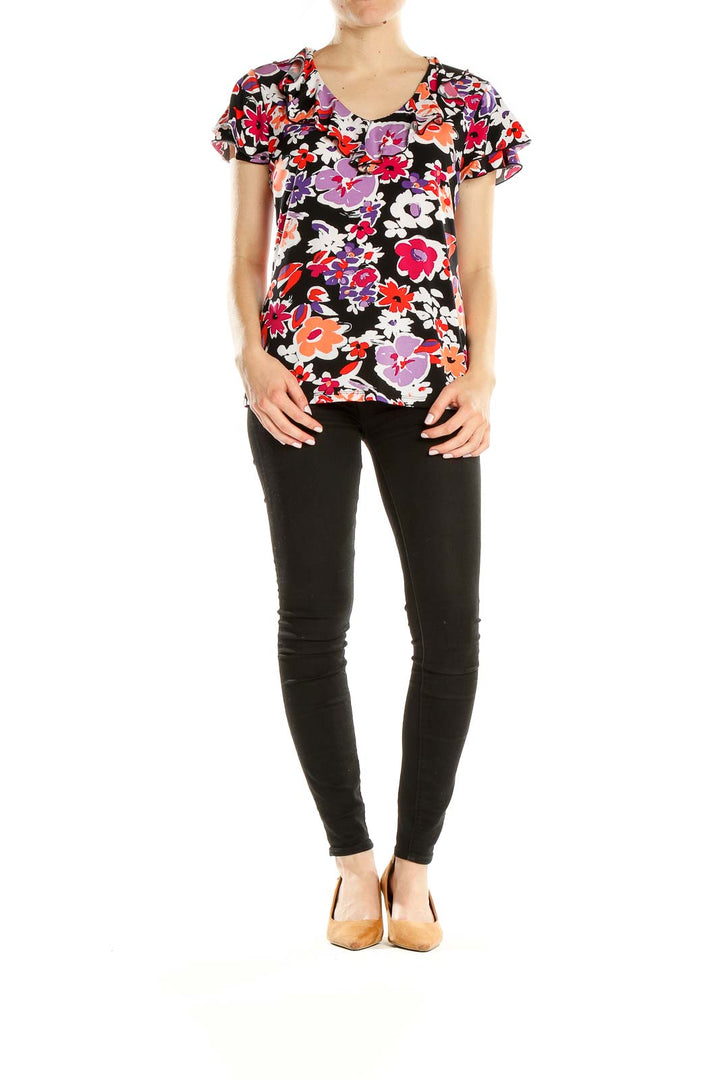 Front view of Laura Ashley multicolor floral print short sleeve top