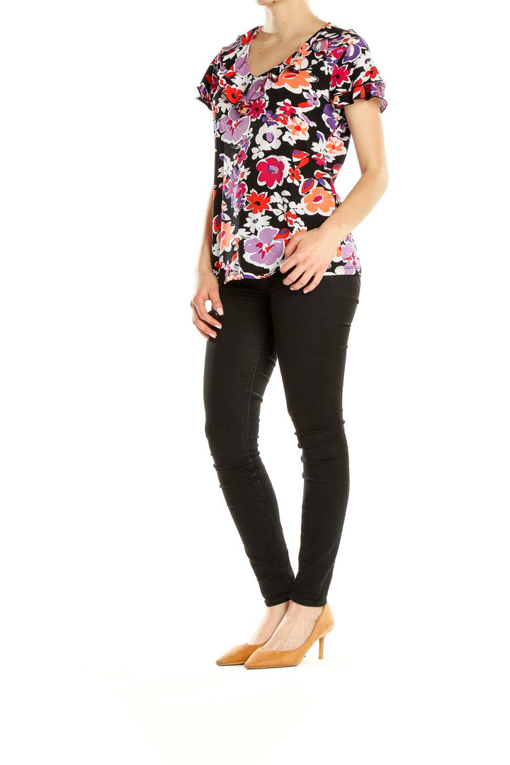Front view of Laura Ashley multicolor floral print short sleeve top