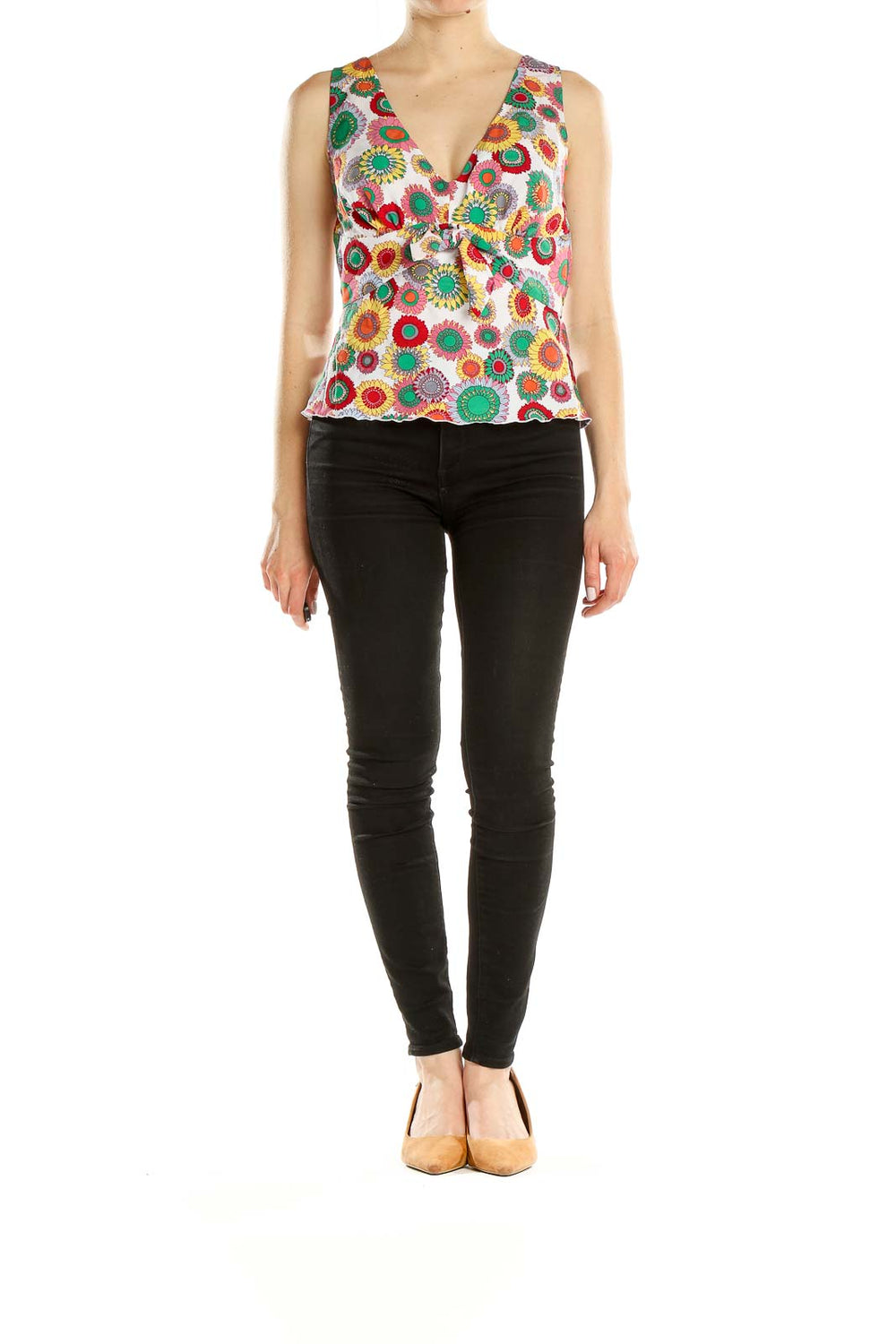 Front view of Nine West multicolor floral print sleeveless top