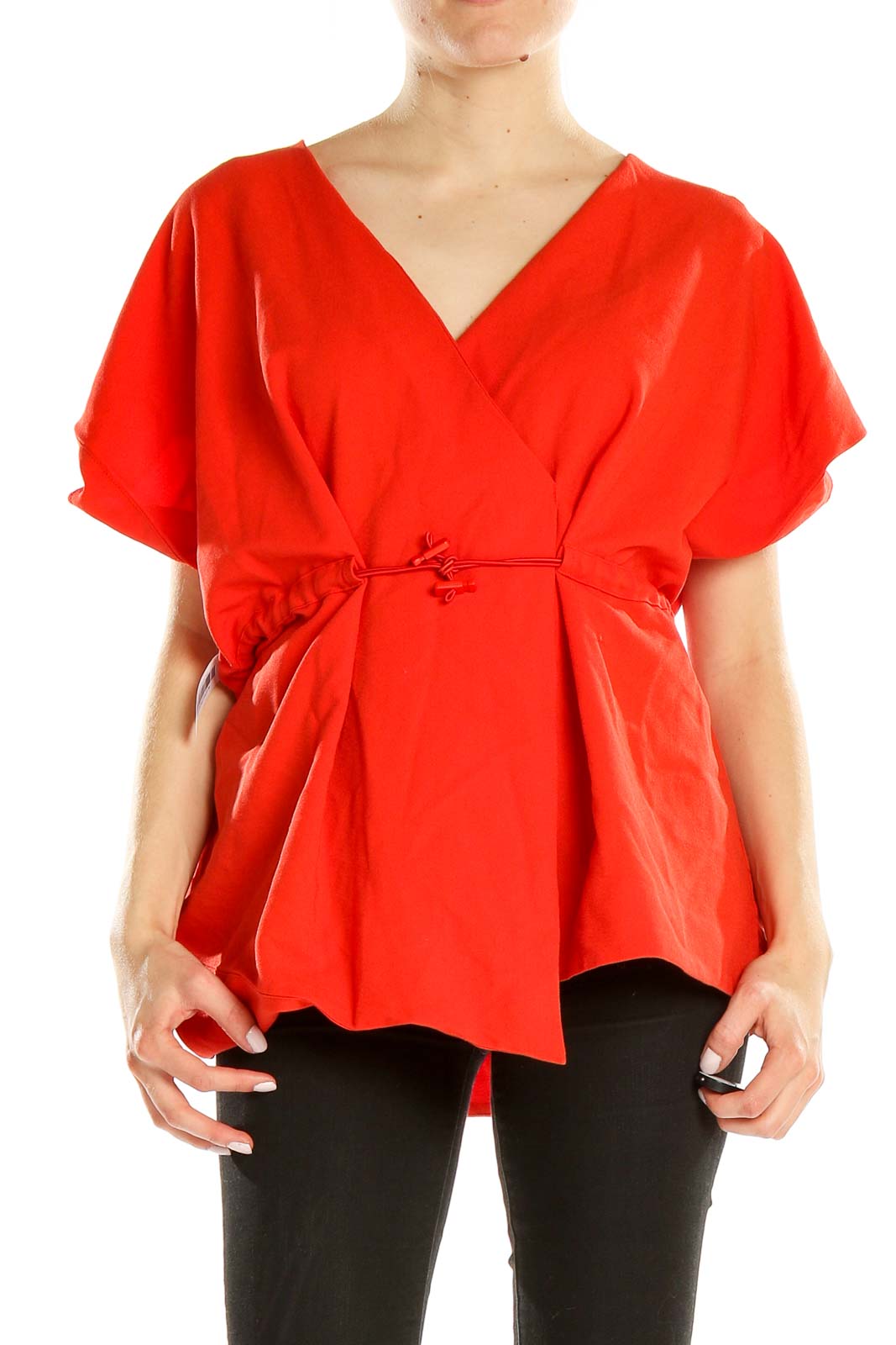 Front view of red wrap-style peplum top from ASOS with V-neckline and flutter sleeves