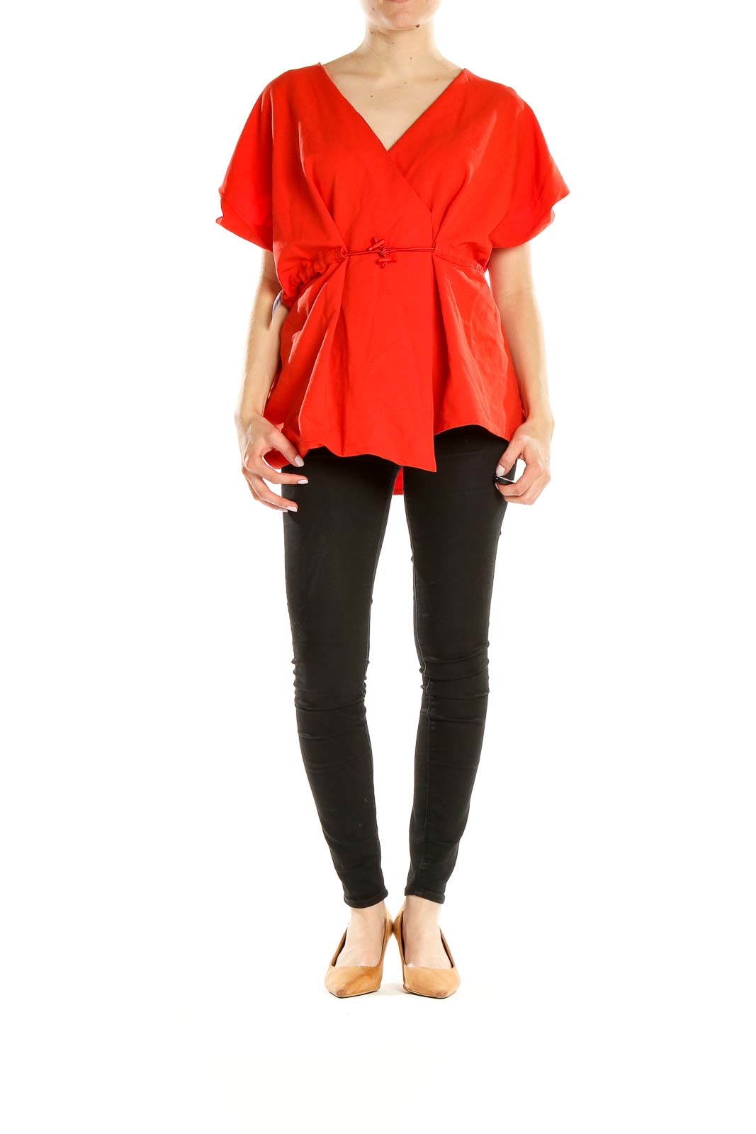 Front view of red wrap-style peplum top from ASOS with V-neckline and flutter sleeves