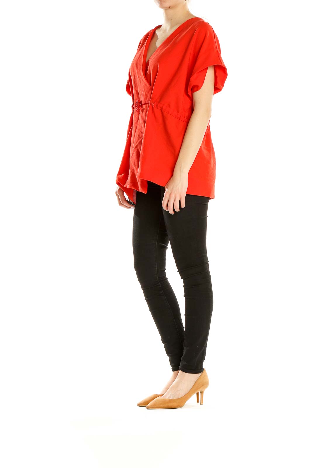 Front view of red wrap-style peplum top from ASOS with V-neckline and flutter sleeves