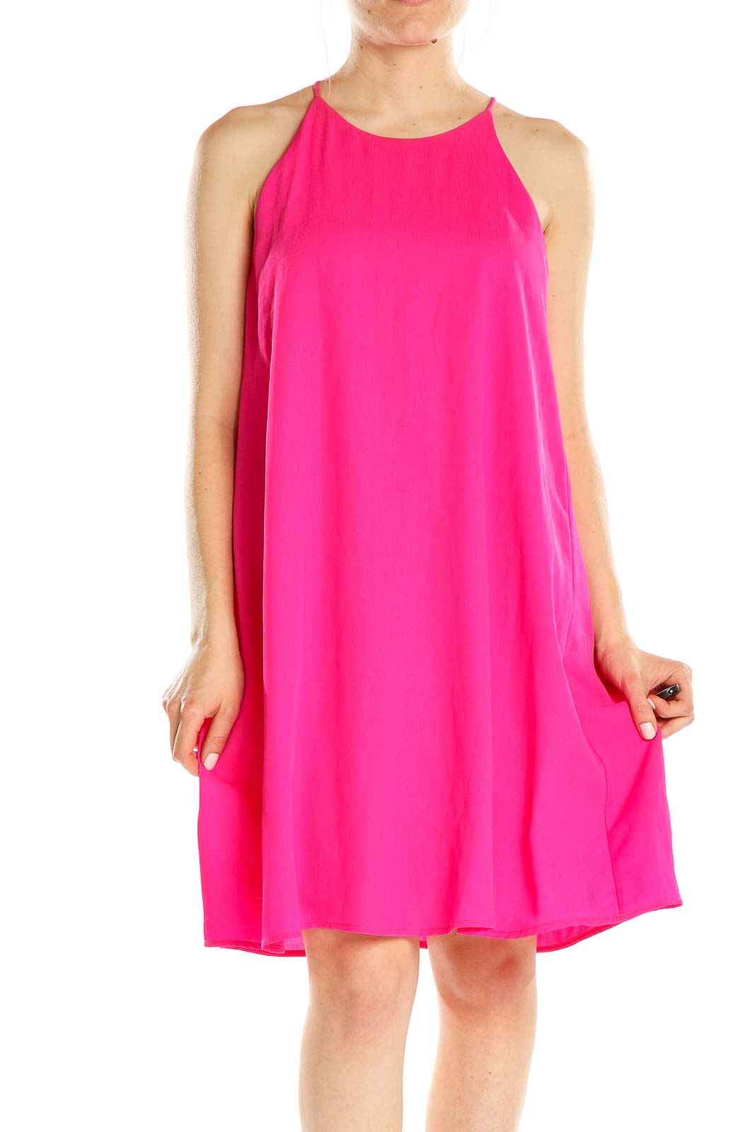 Front view of hot pink sleeveless swing dress by Everly