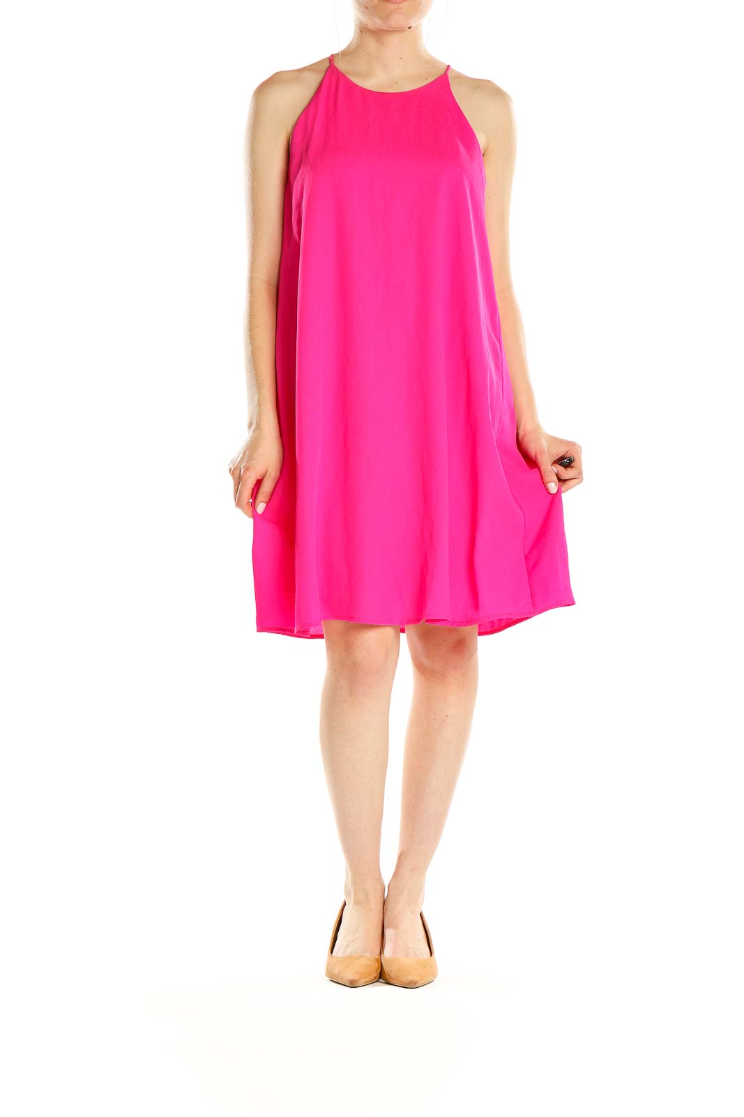 Front view of hot pink sleeveless swing dress by Everly
