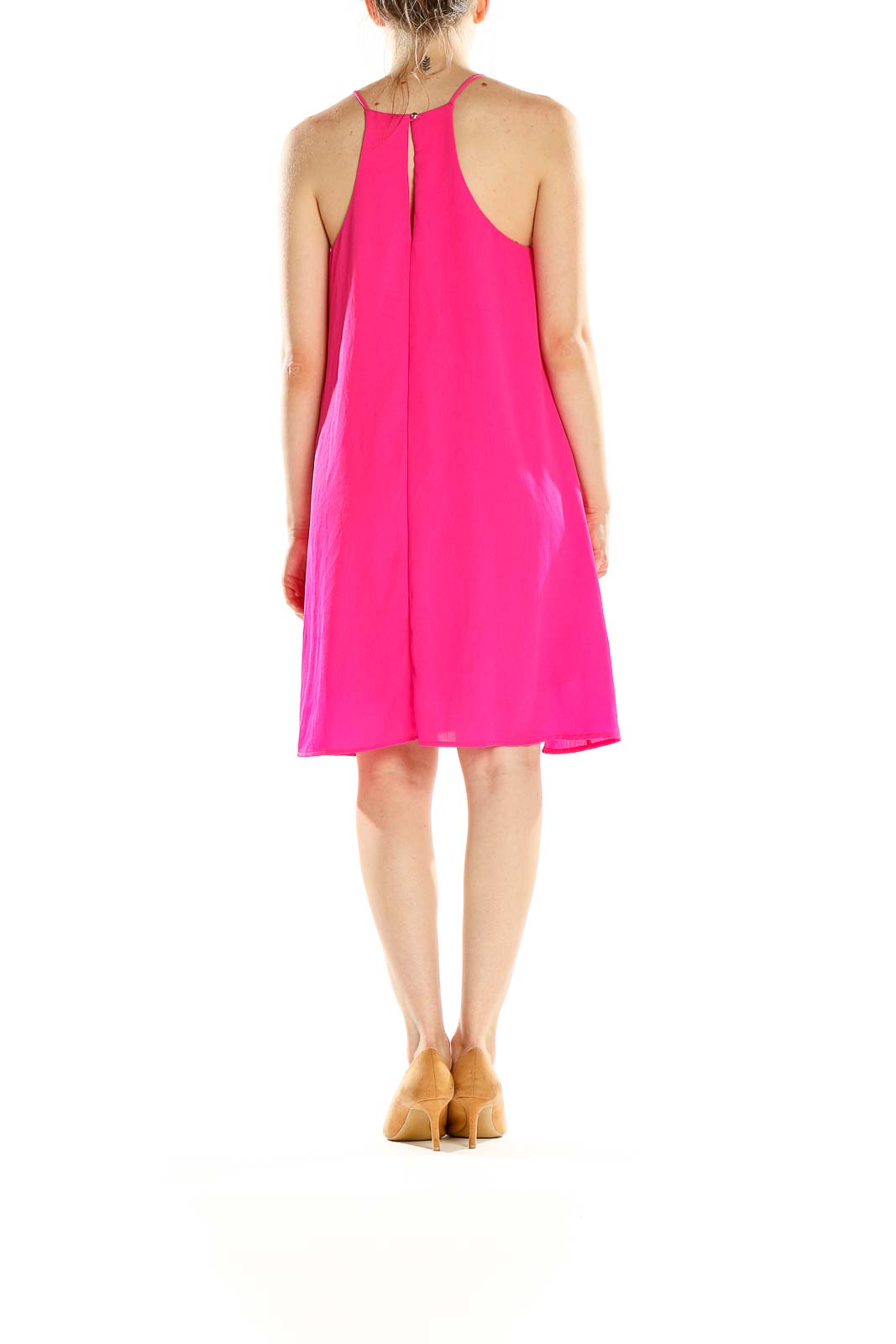 Side view of hot pink sleeveless swing dress by Everly