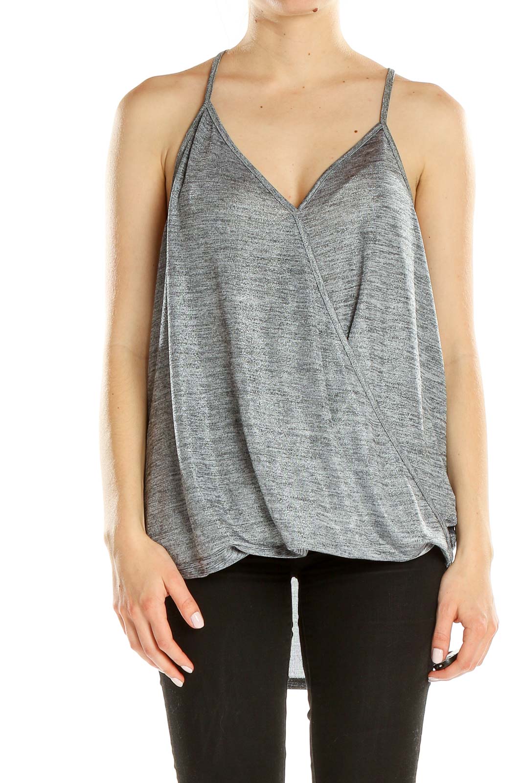 Front view of Lily White gray draped sleeveless top on model