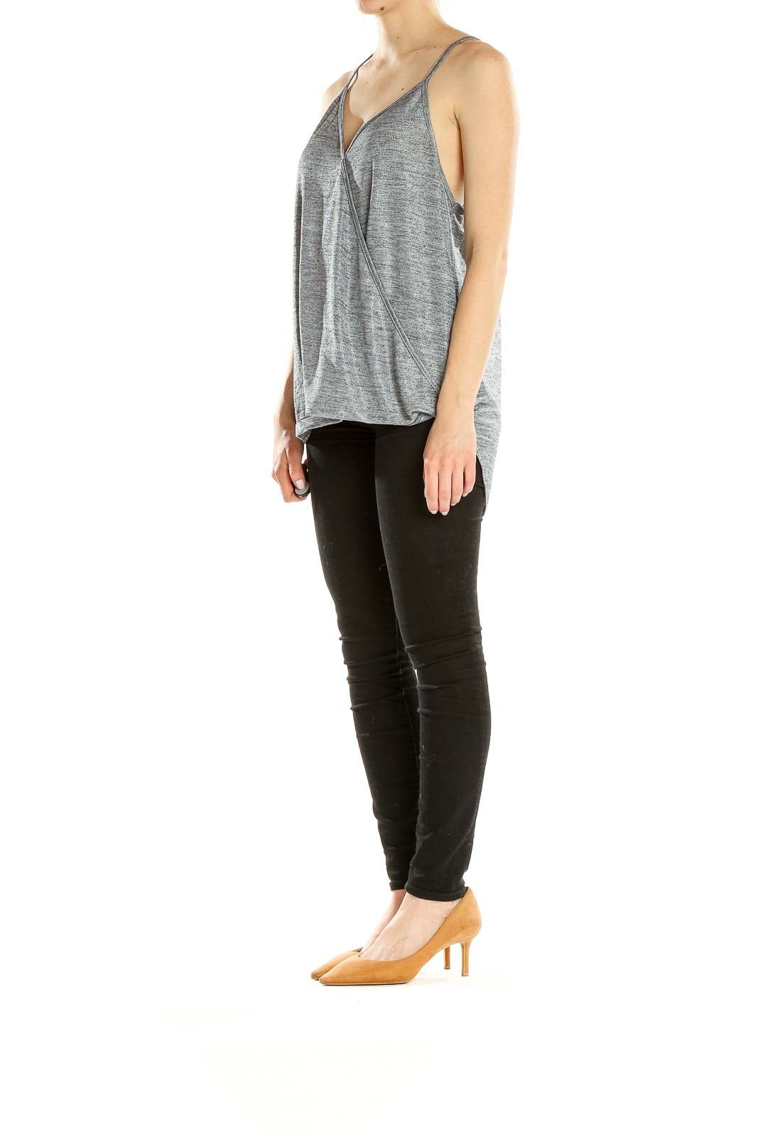 Front view of Lily White gray draped sleeveless top on model