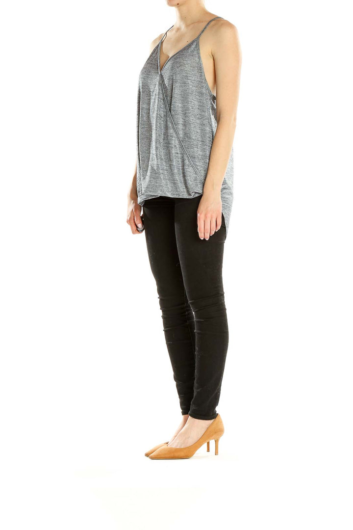 Front view of Lily White gray draped sleeveless top on model