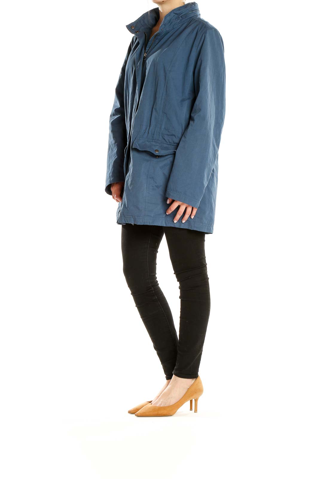 Front view of blue J.Jill zip-up jacket with stand-up collar