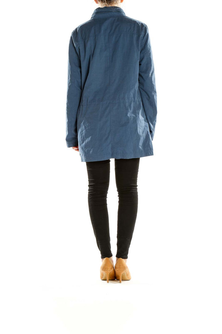 Back view of blue J.Jill casual jacket showing length and fit