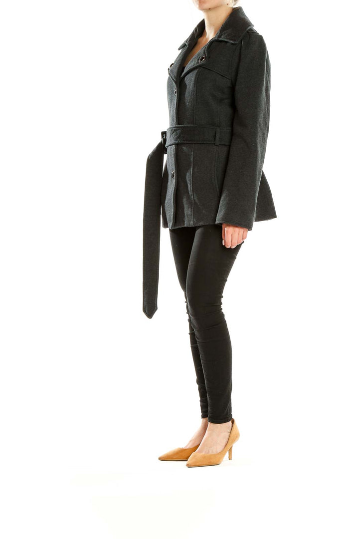 Front view of charcoal gray Kenneth Cole Reaction peacoat with belt