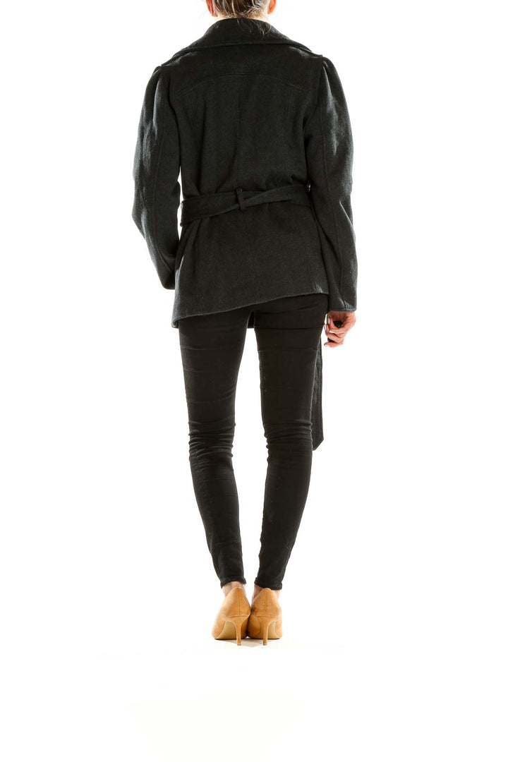 Side view of charcoal gray Kenneth Cole Reaction peacoat showing belted waist