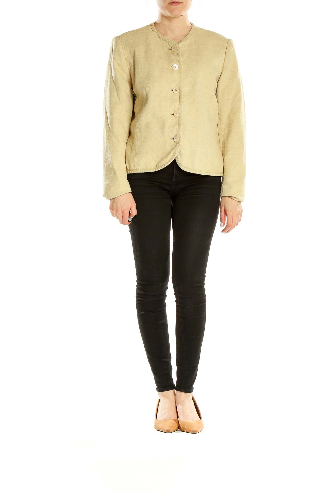 Front view of beige Orvis button-front jacket with collarless design