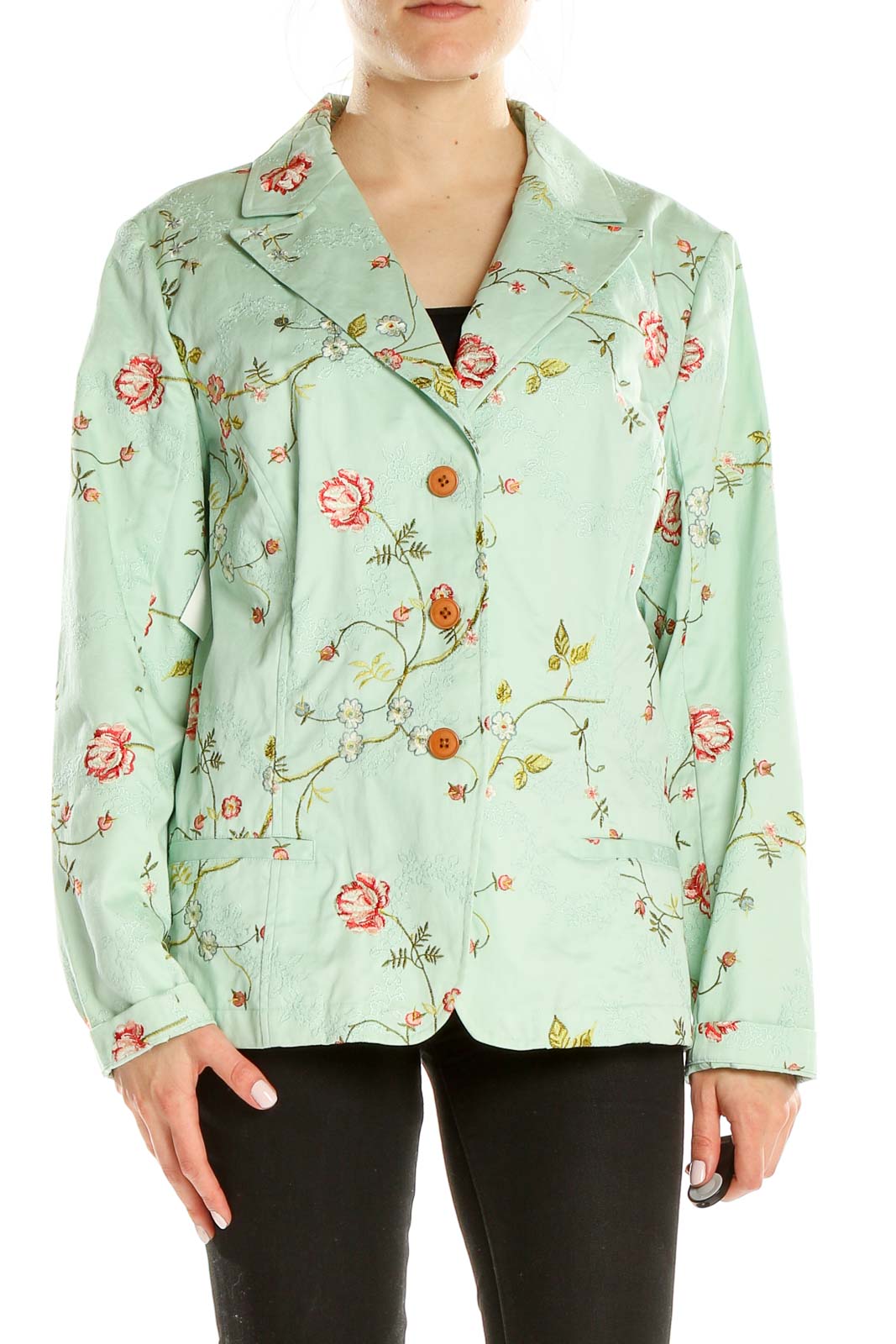 Front view of mint green Coldwater Creek jacket with floral embroidery