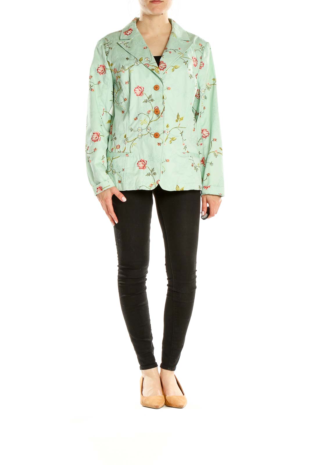 Front view of mint green Coldwater Creek jacket with floral embroidery