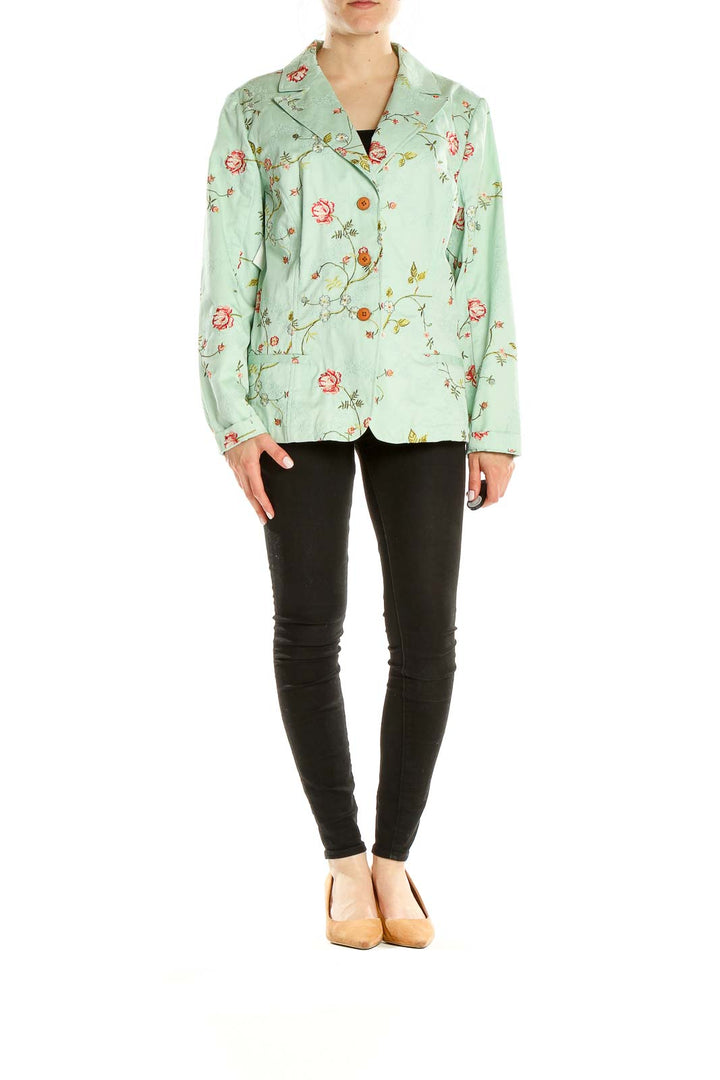 Front view of mint green Coldwater Creek jacket with floral embroidery