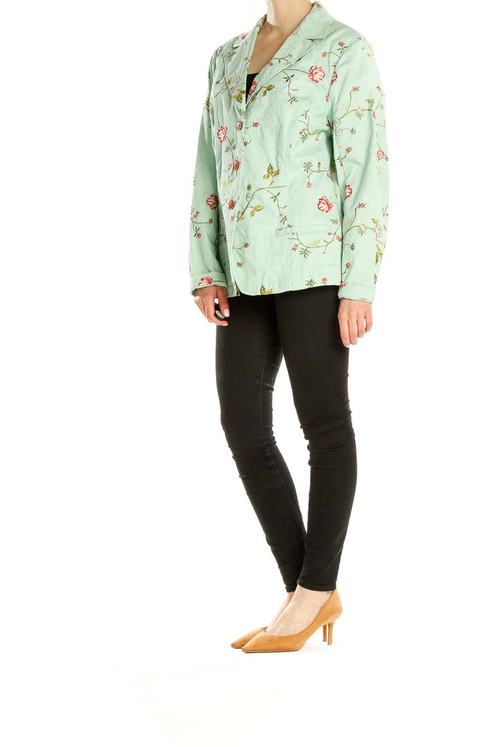 Front view of mint green Coldwater Creek jacket with floral embroidery