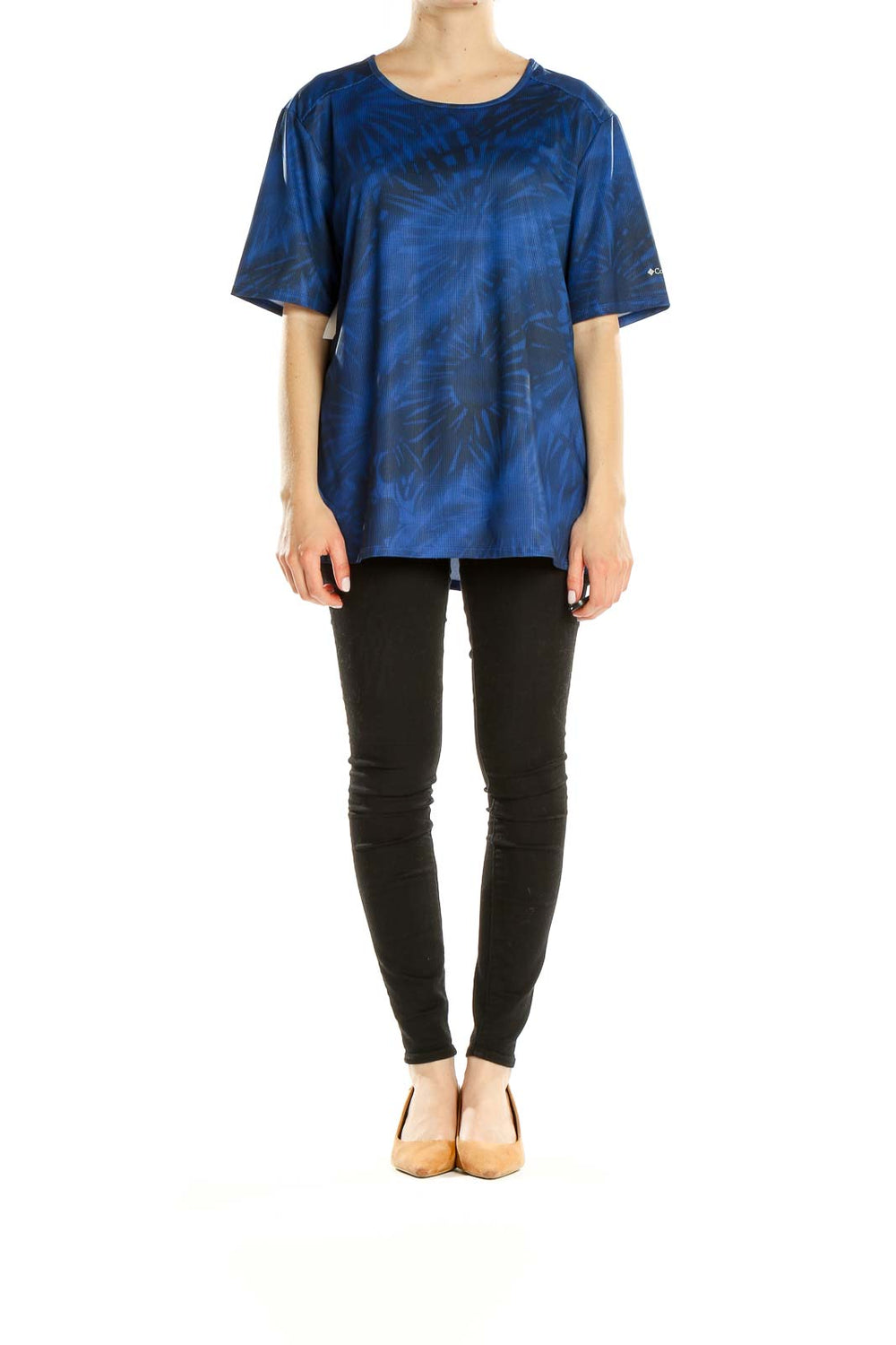 Front view of Columbia blue tie-dye performance t-shirt