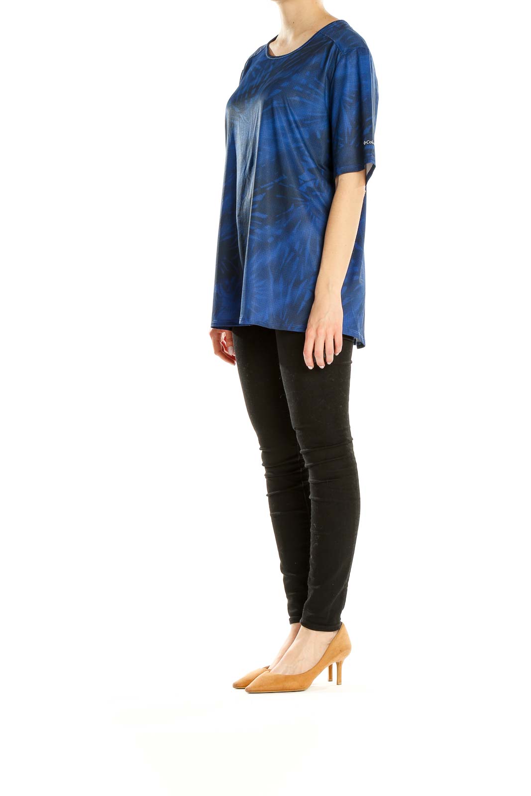Front view of Columbia blue tie-dye performance t-shirt
