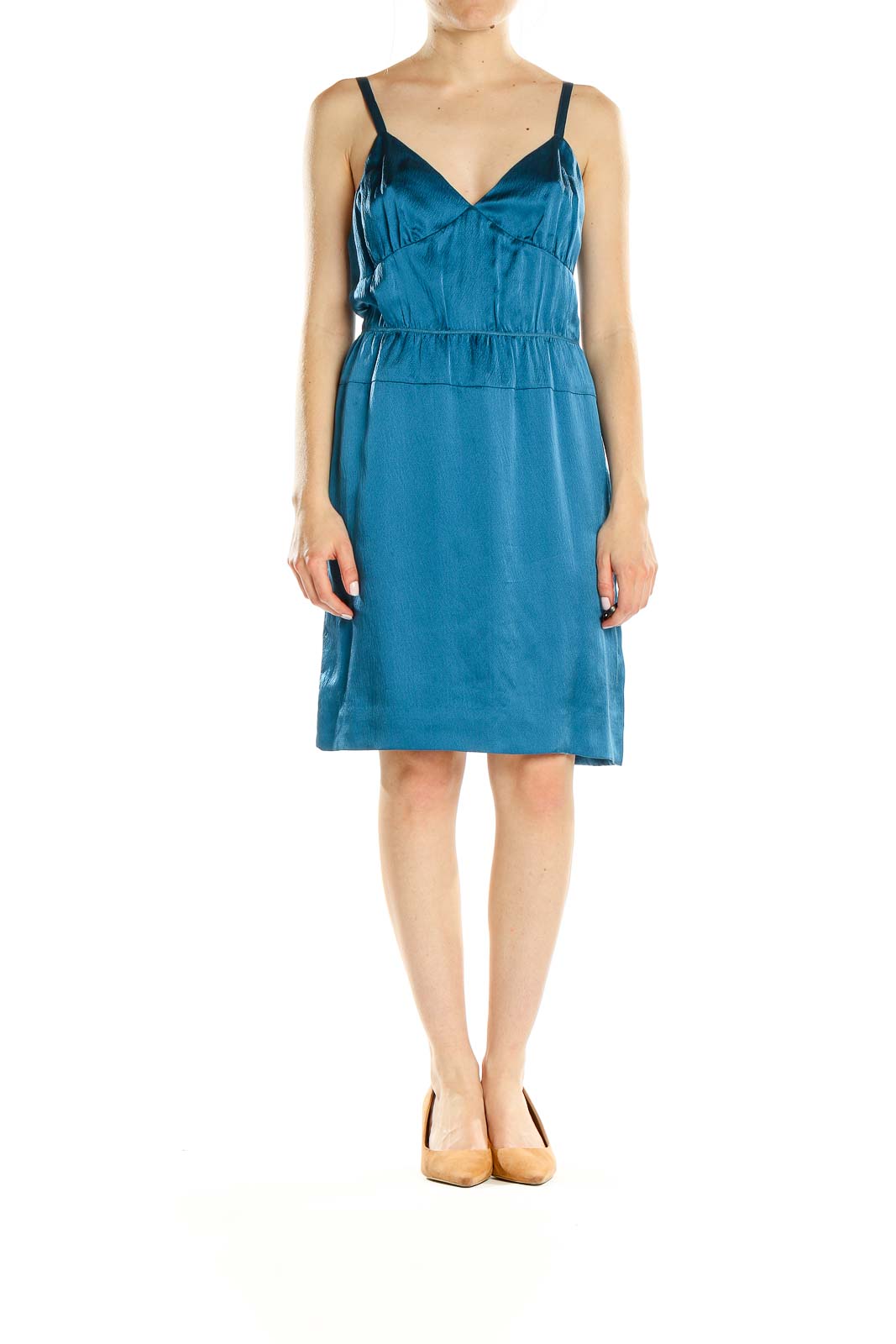 Front view of teal satin slip dress by J.Crew with V-neckline and empire waist