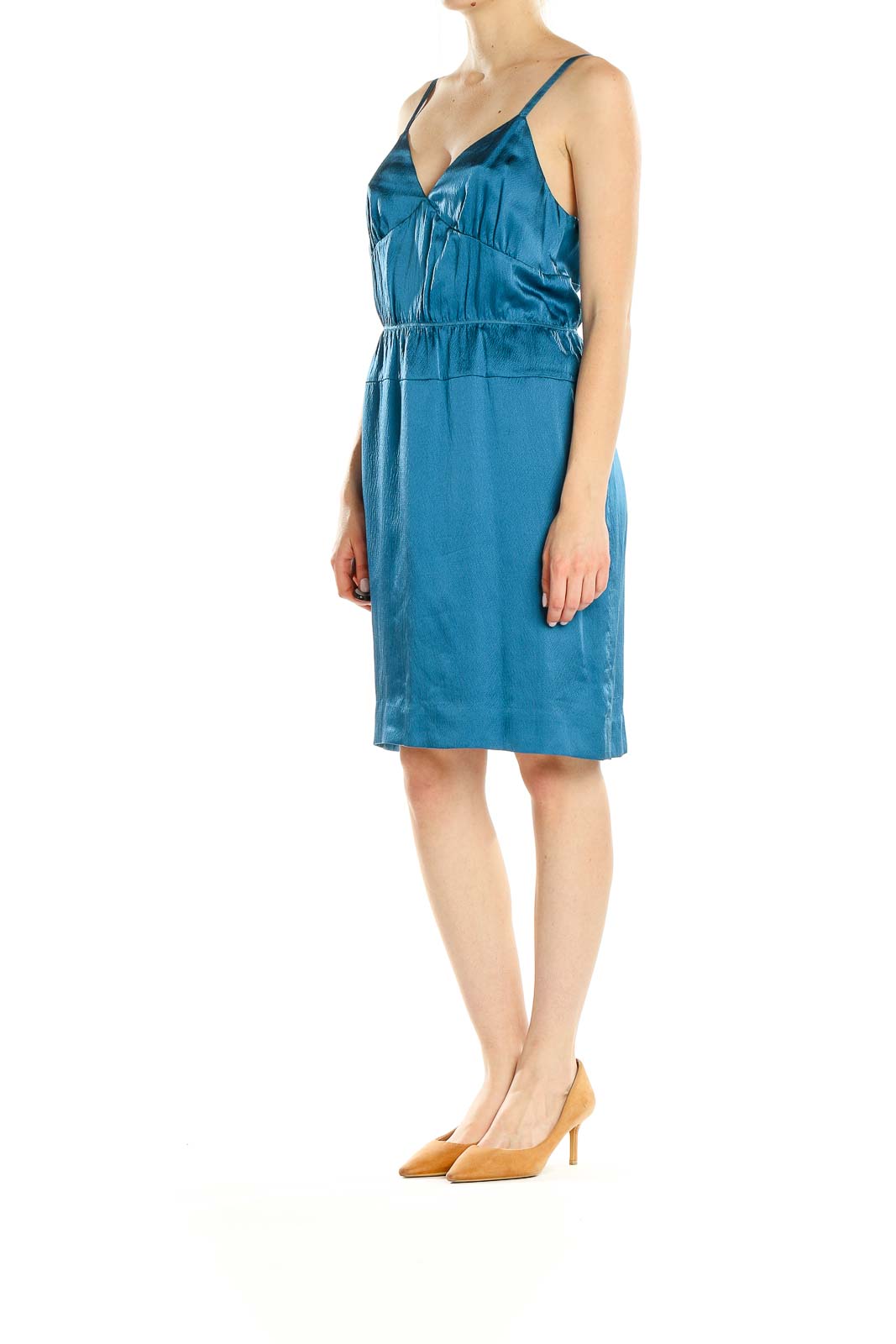 Front view of teal satin slip dress by J.Crew with V-neckline and empire waist