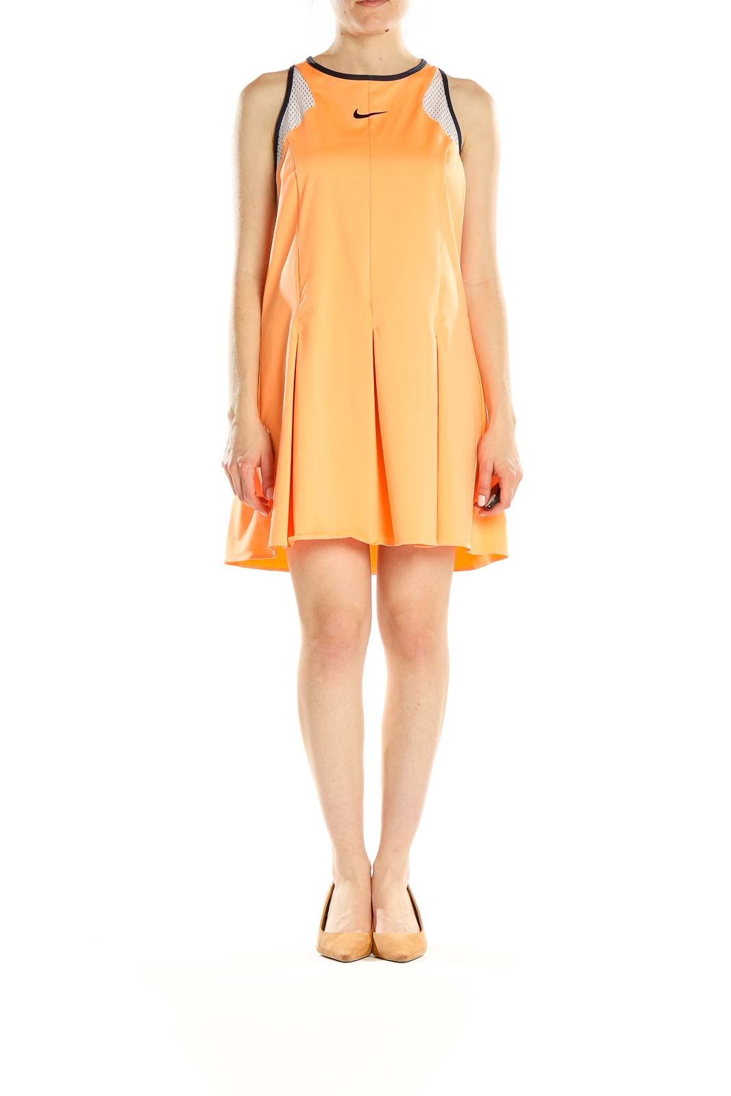 Front view of orange Nike pleated tennis dress with racerback design
