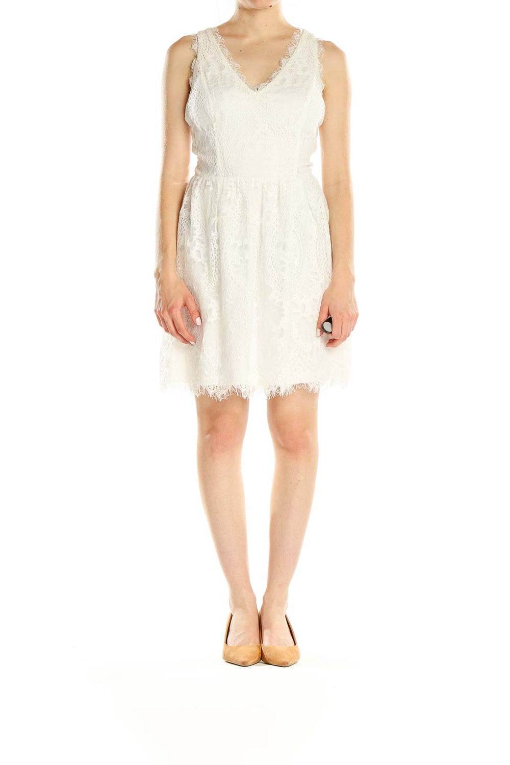 Front view of white lace sleeveless mini dress with V-neckline