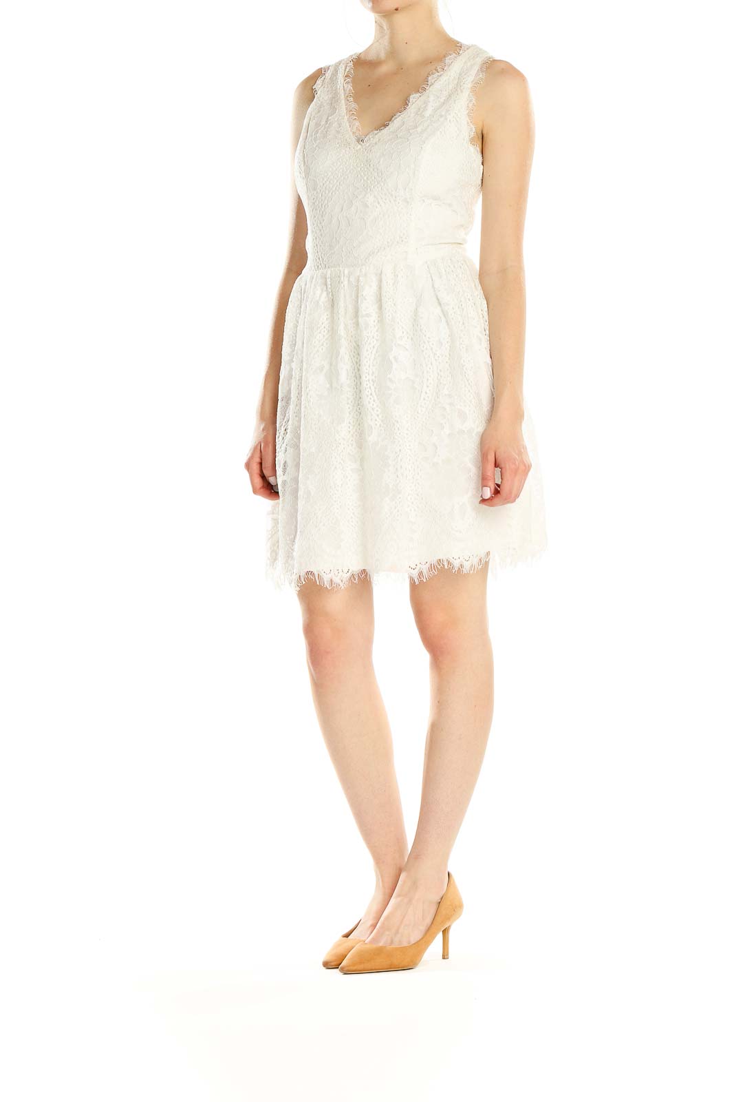 Front view of white lace sleeveless mini dress with V-neckline