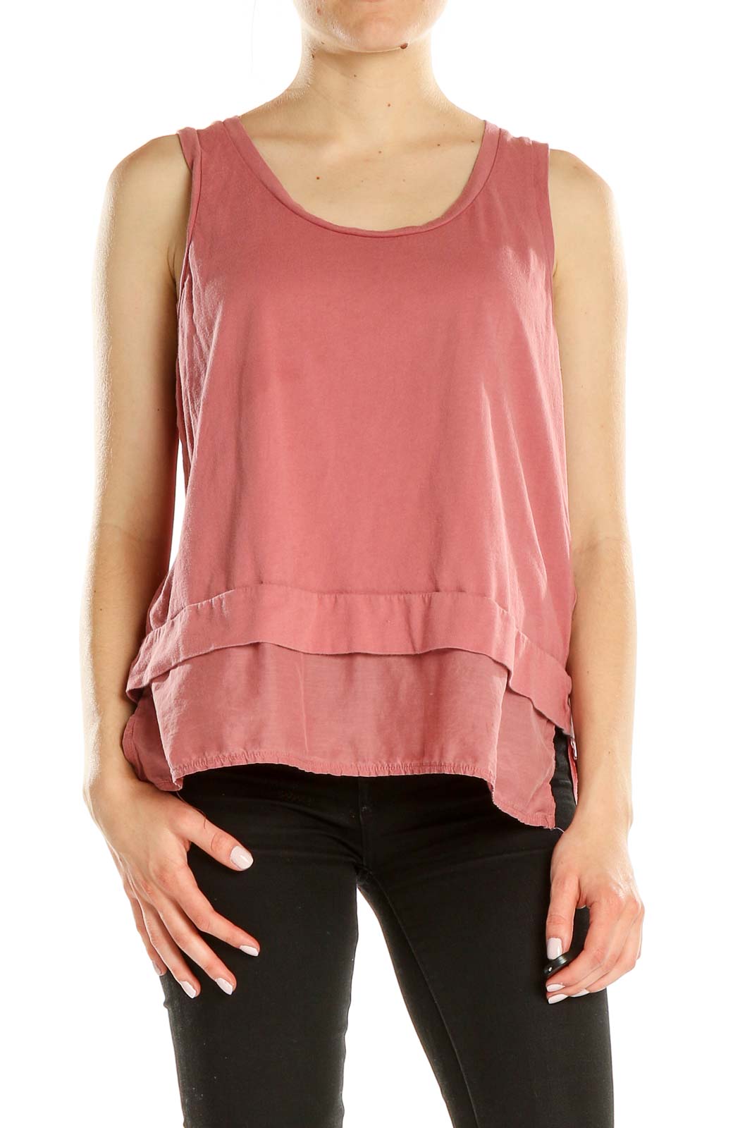 Front view of pink Madewell layered sleeveless tank top