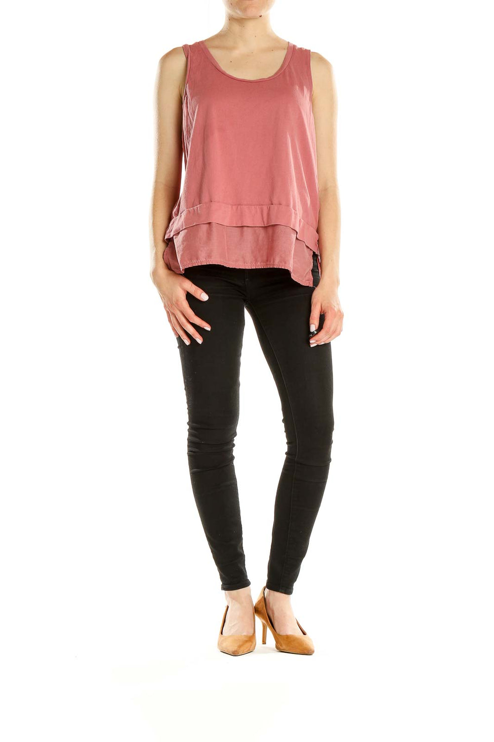 Front view of pink Madewell layered sleeveless tank top