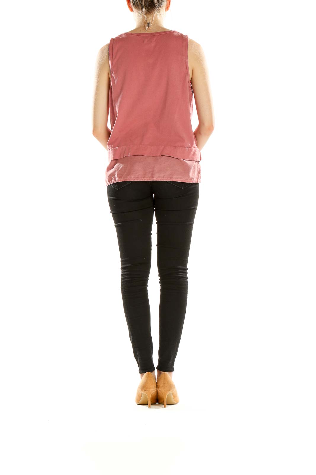 Side view of pink Madewell layered sleeveless tank top on model