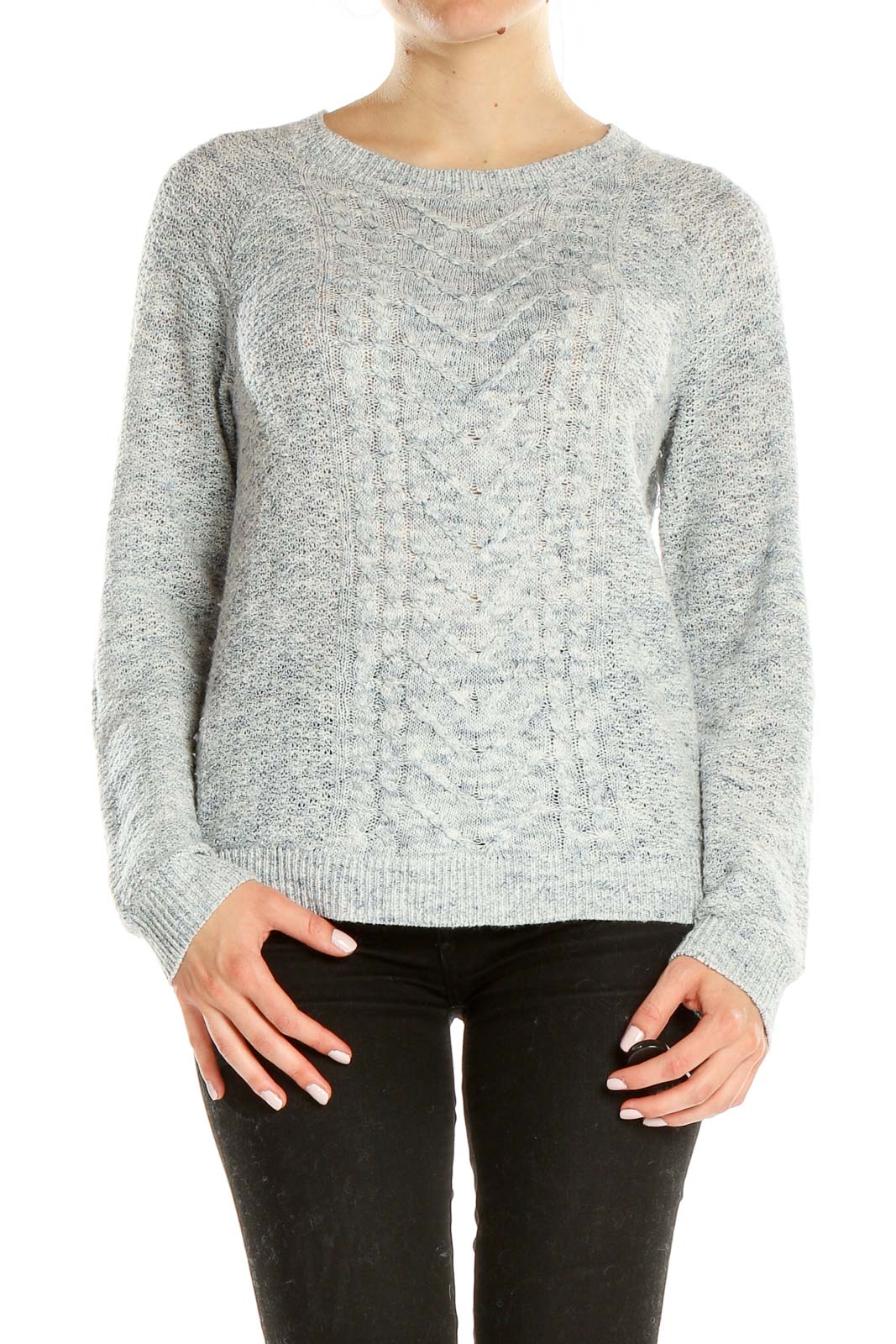 Front view of Liz Claiborne gray cable knit crewneck sweater