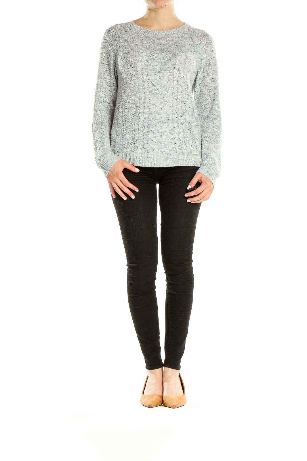 Front view of Liz Claiborne gray cable knit crewneck sweater