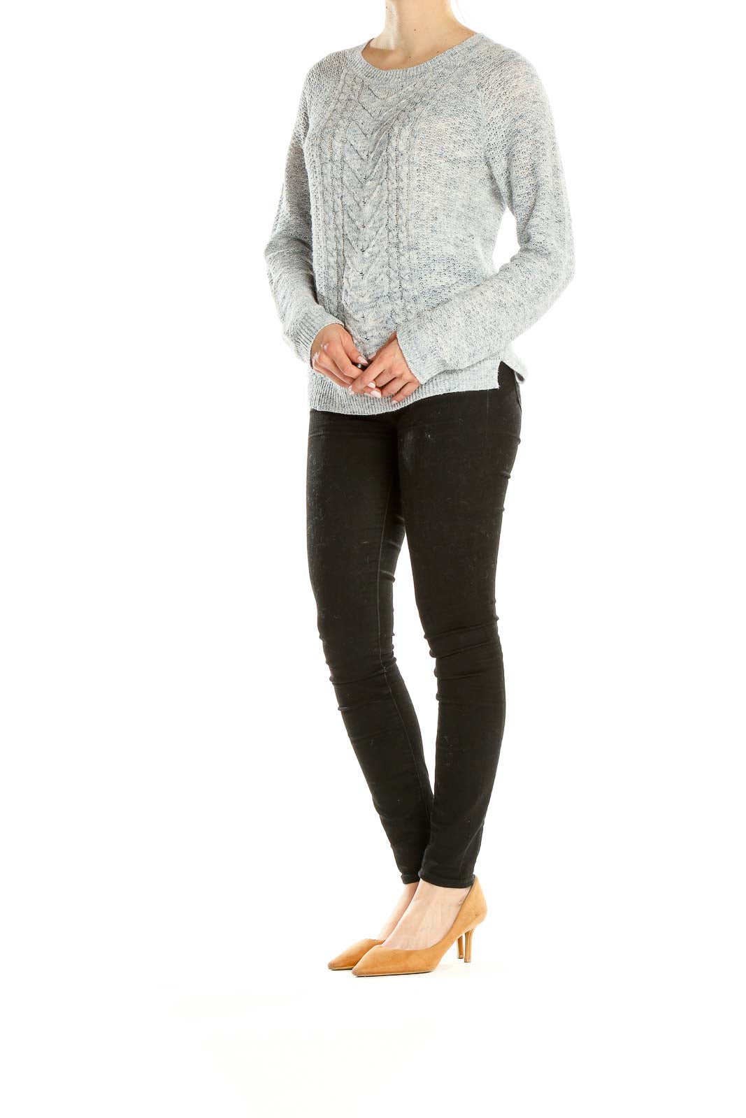 Front view of Liz Claiborne gray cable knit crewneck sweater