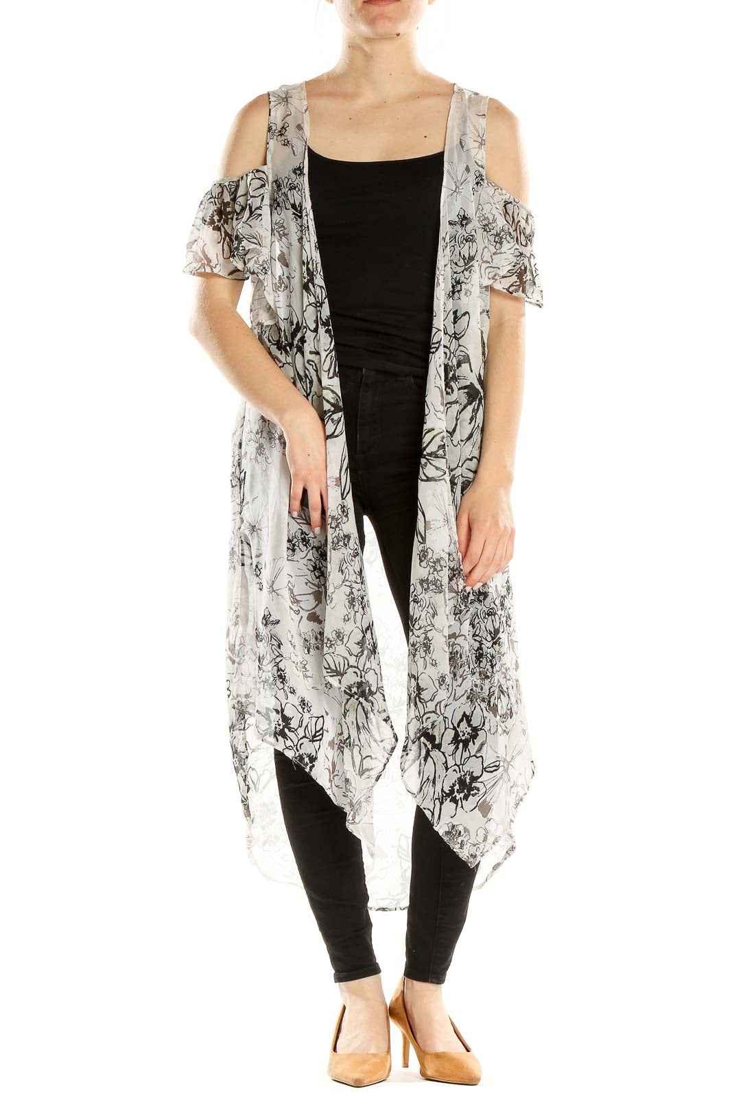 Front view of BCBGeneration white floral cold-shoulder duster cardigan