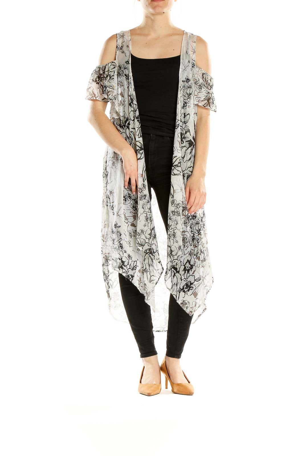Front view of BCBGeneration white floral cold-shoulder duster cardigan